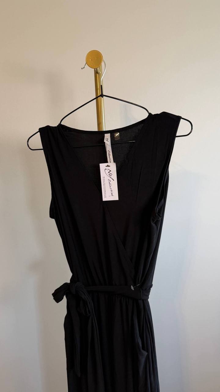 NY Collection Petite 3/4 Sleeve Belted Wide Leg Jumpsuit Black PM $66 NWT