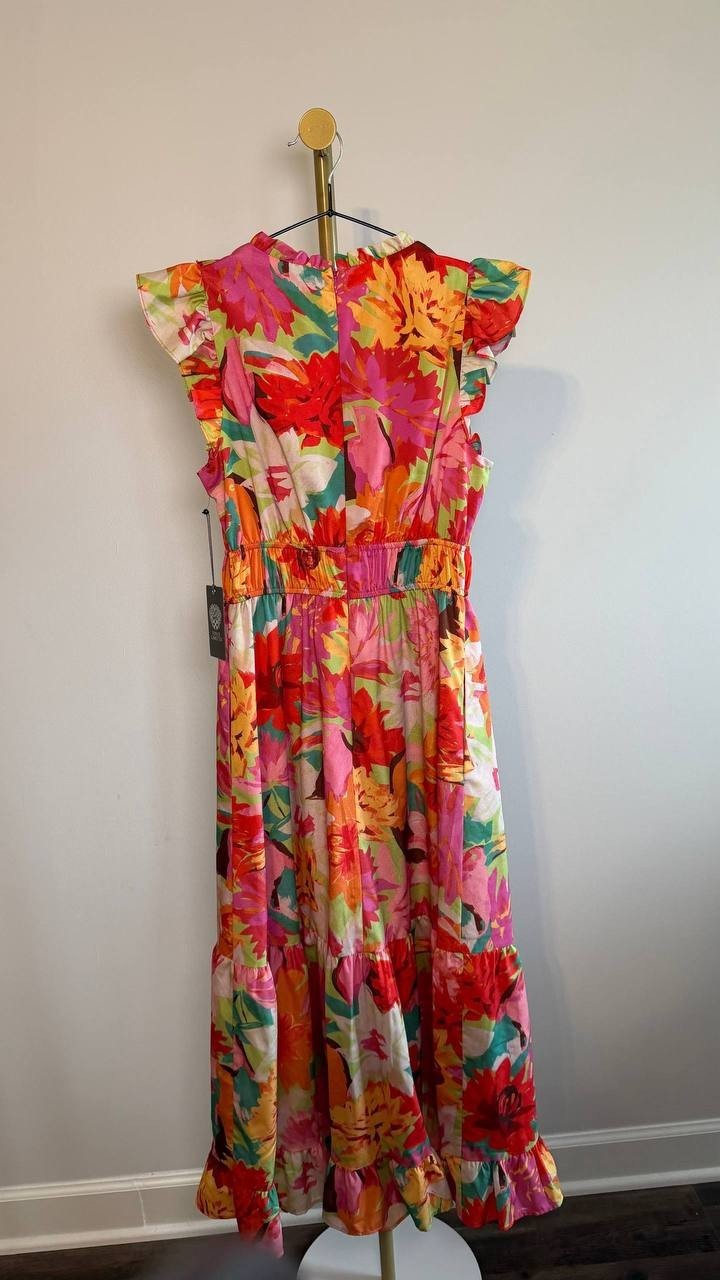 Vince Camuto Floral‑Print Ruffled‑Shoulder Midi Dress Multi 2 NWT $158