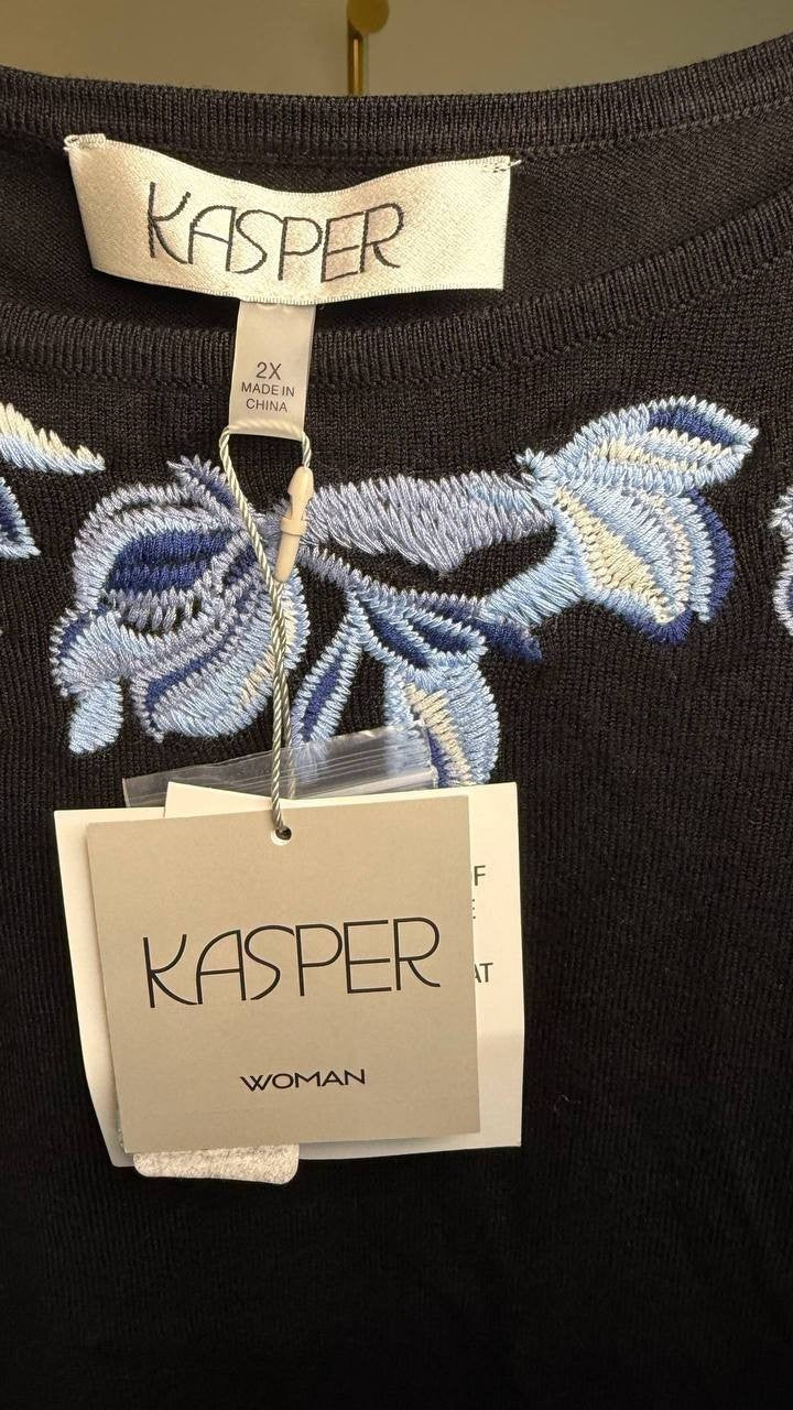 Kasper Sleeveless Embroidered Boat Neck Blouse Black 2X NWT $69