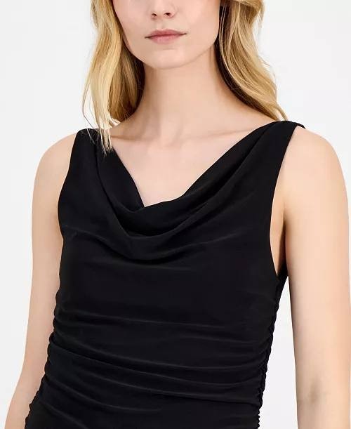 Anne Klein Ruched Draped‑Neck Textured Crepe Knit Top Black S NWT $69