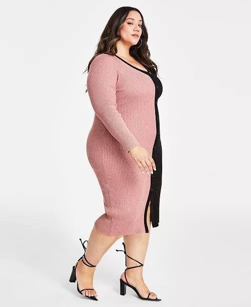 Nina Parker Plus Size Ribbed Button‑Front Dress Rose/Gold 1X NWT $99