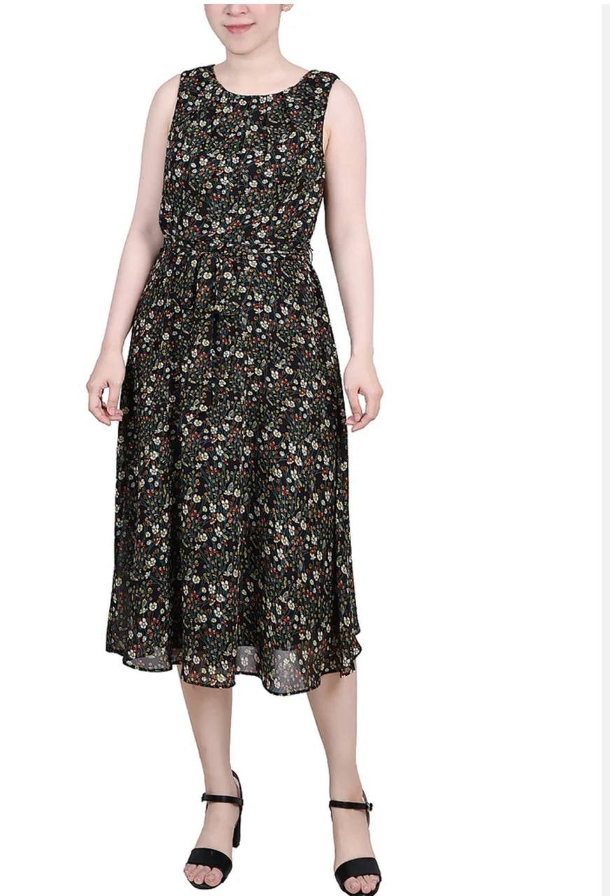 NY Collection Petite Chiffon Floral Belted Midi Dress, Black, Scoop Neck