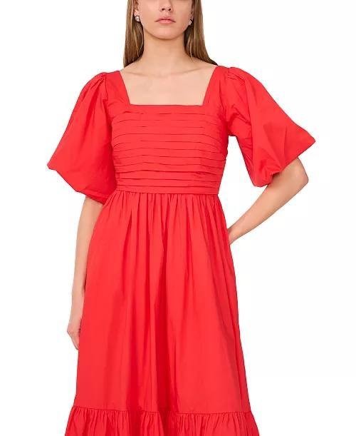 CeCe Square‑Neck Puff‑Sleeve Tie‑Back Maxi Dress Red L $109 NWT