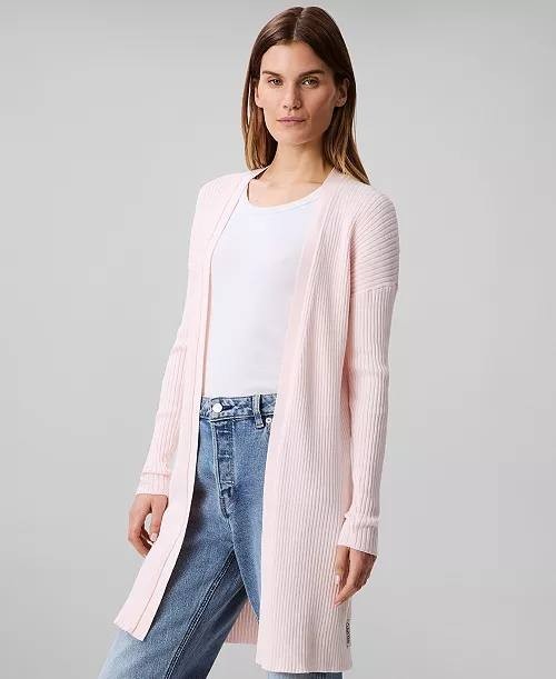 Calvin Klein Cotton Ribbed Open‑Front Duster Cardigan Pearl M NWT $99