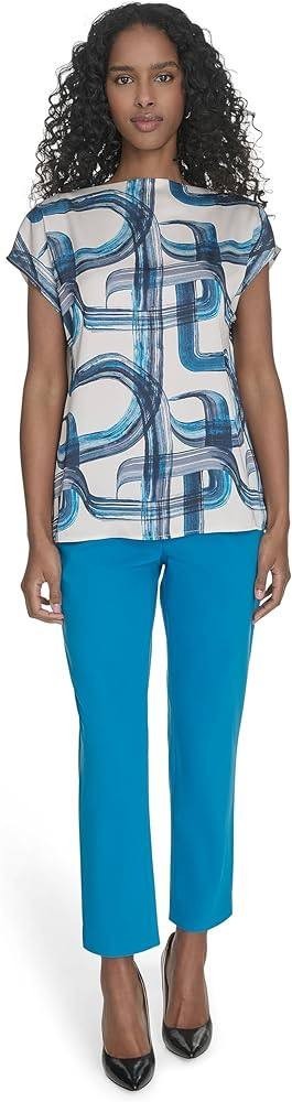 Calvin Klein Printed Sleeveless Pleat‑Neck Cami Top Blue M NWT $49