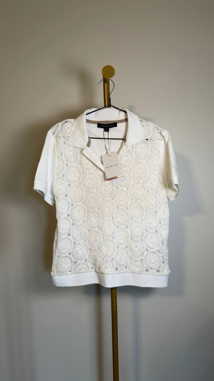Tommy Hilfiger Lace‑Front Short‑Sleeve Cotton Top White M NWT $79.50