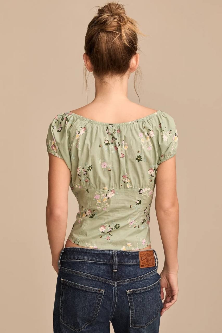 Lucky Brand Green Floral Corset Top, Cotton, Size M, NWT, Boho Puff Sleeves