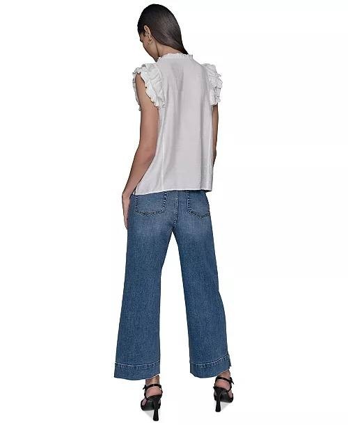 KARL LAGERFELD PARIS Ruffled-Sleeve Button-Front Blouse White Size L 2663