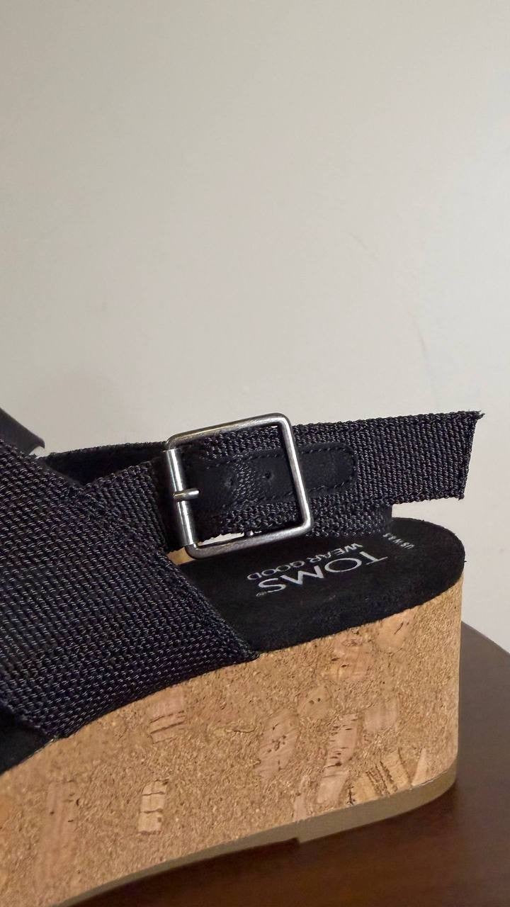 Toms Wedge Sandals 8.5 Black Textile Espadrille New in Box
