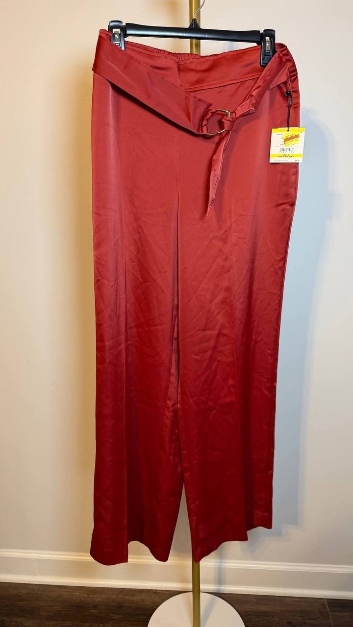 Anne Klein Pull-On High Rise Belted Wide Leg Satin Pants Red L NWT $99