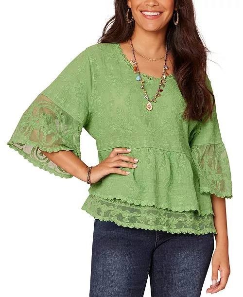 Democracy Petite Lace Double Bell Flounce Top Green PXL NWT $78