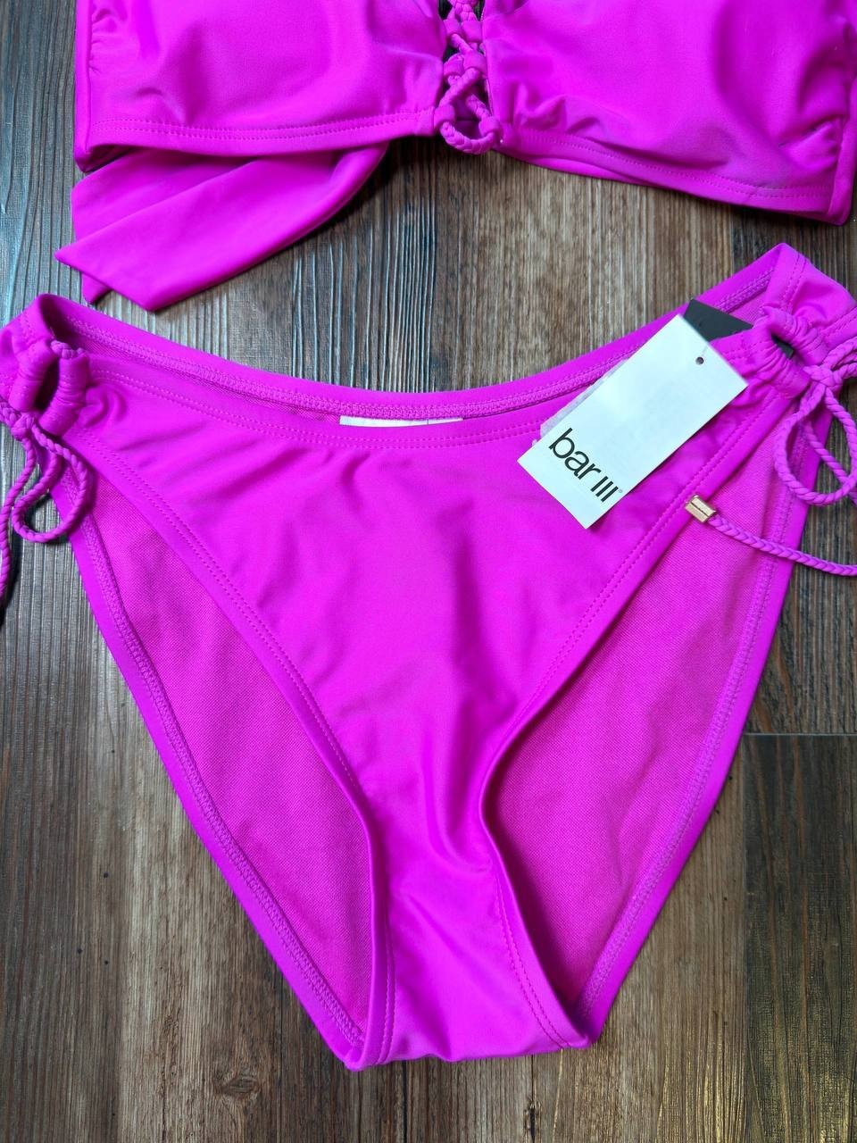 Bar III Unraveled Lace-Up Bikini Top Fuchsia S NWT $44