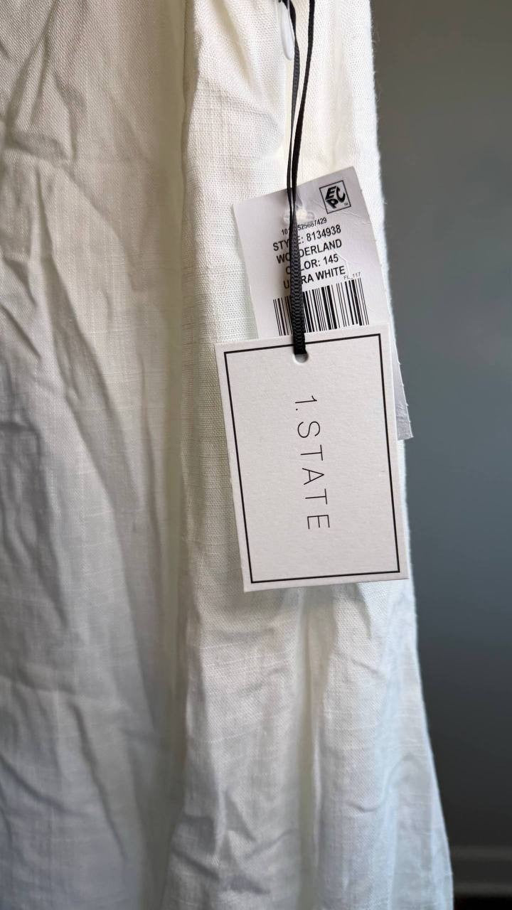1.STATE Scoop‑Neck Full‑Circle Linen‑Blend Mini Dress White L NWT $99