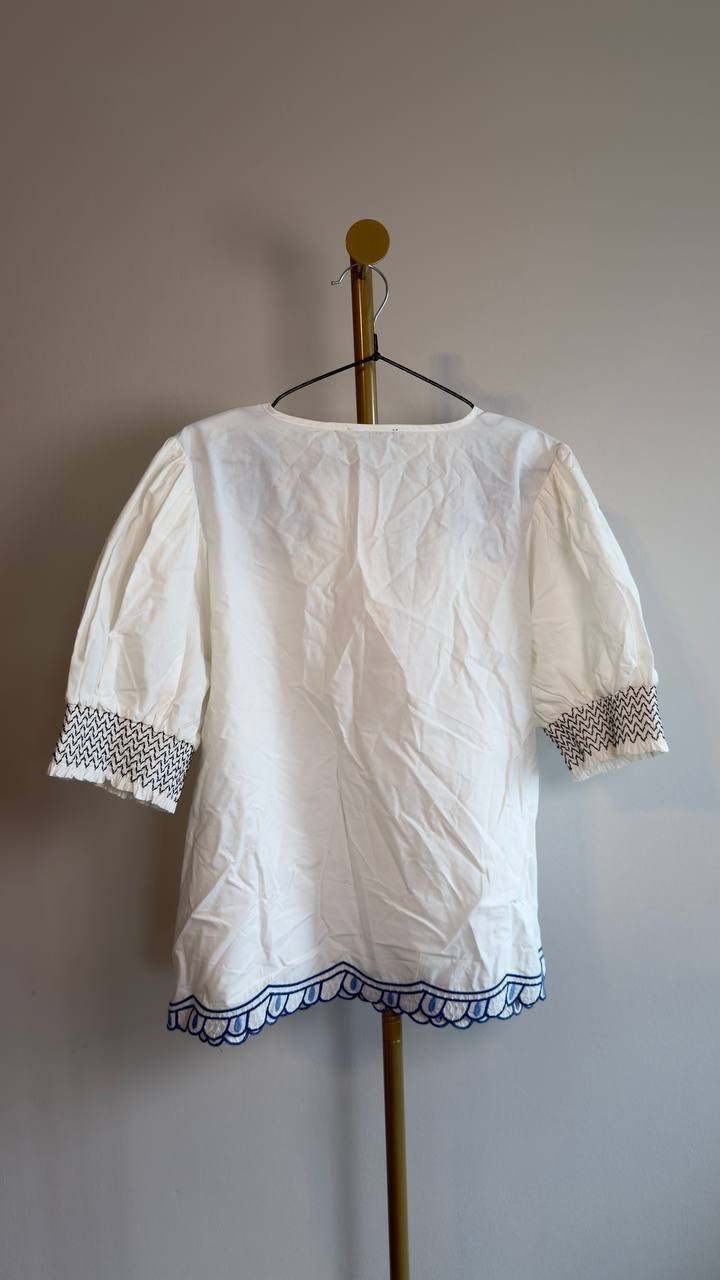 T Tahari Cotton Embroidered‑Trim Split‑Neck Top White Star XL NWT $88