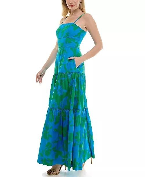 Taylor Tiered Square Neck Floral Dress Blue Size 12 NWT $139
