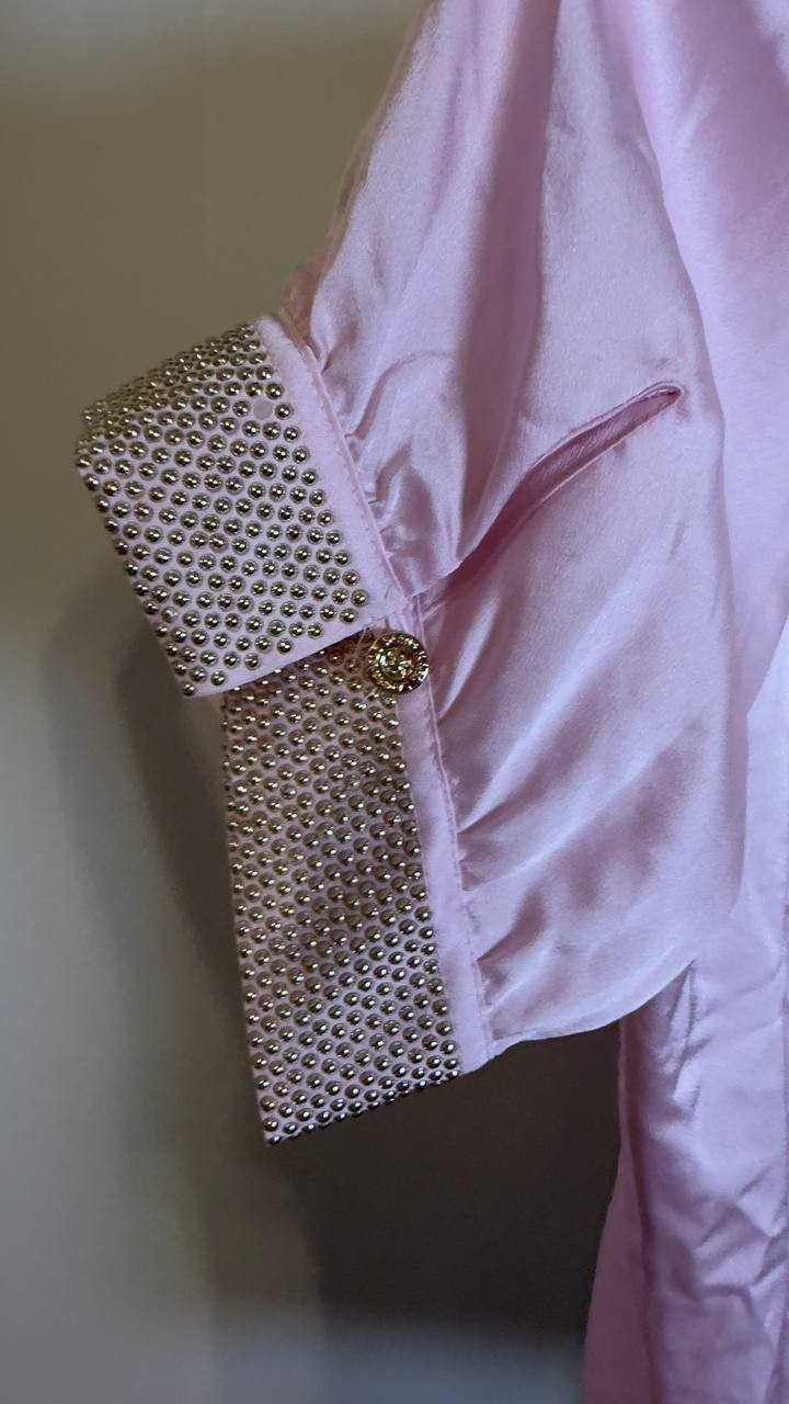 Karl Lagerfeld Paris Satin Stud Beaded Sleeve Blouse Soft Pink L NWOT $109