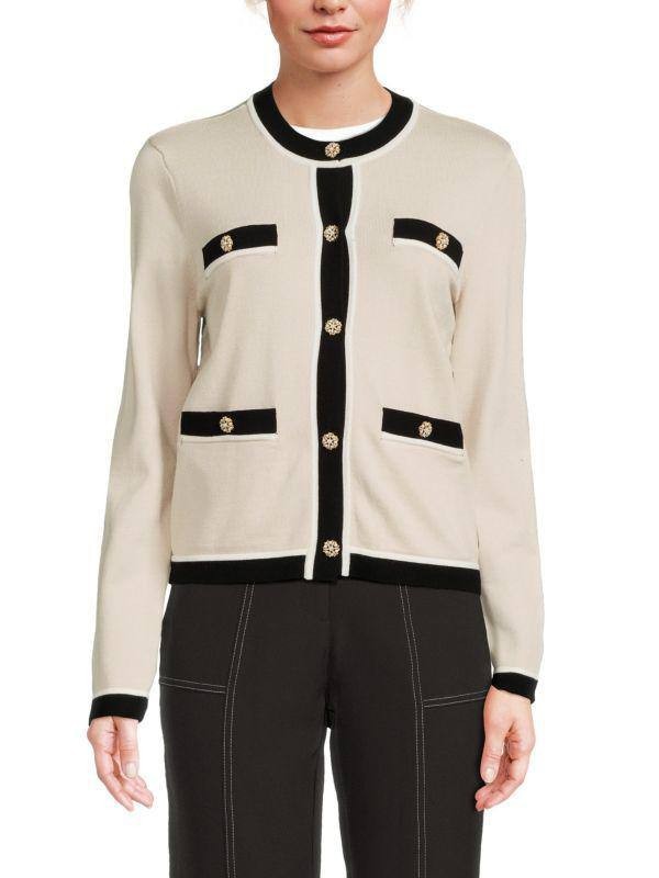 Karl Lagerfeld Paris Ivory Contrast Trim Cardigan M Womens V-Neck Knit