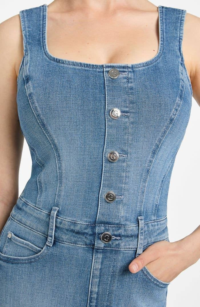 Guess Sunni Sleeveless Stretch Denim Romper Dream Blu Size L NWT $148