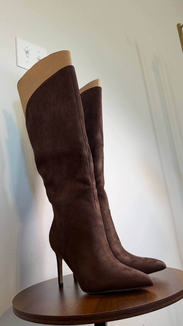 Nine West Razla Knee High Boots Dark Brown 6.5M Faux Suede Stiletto $189 NWB