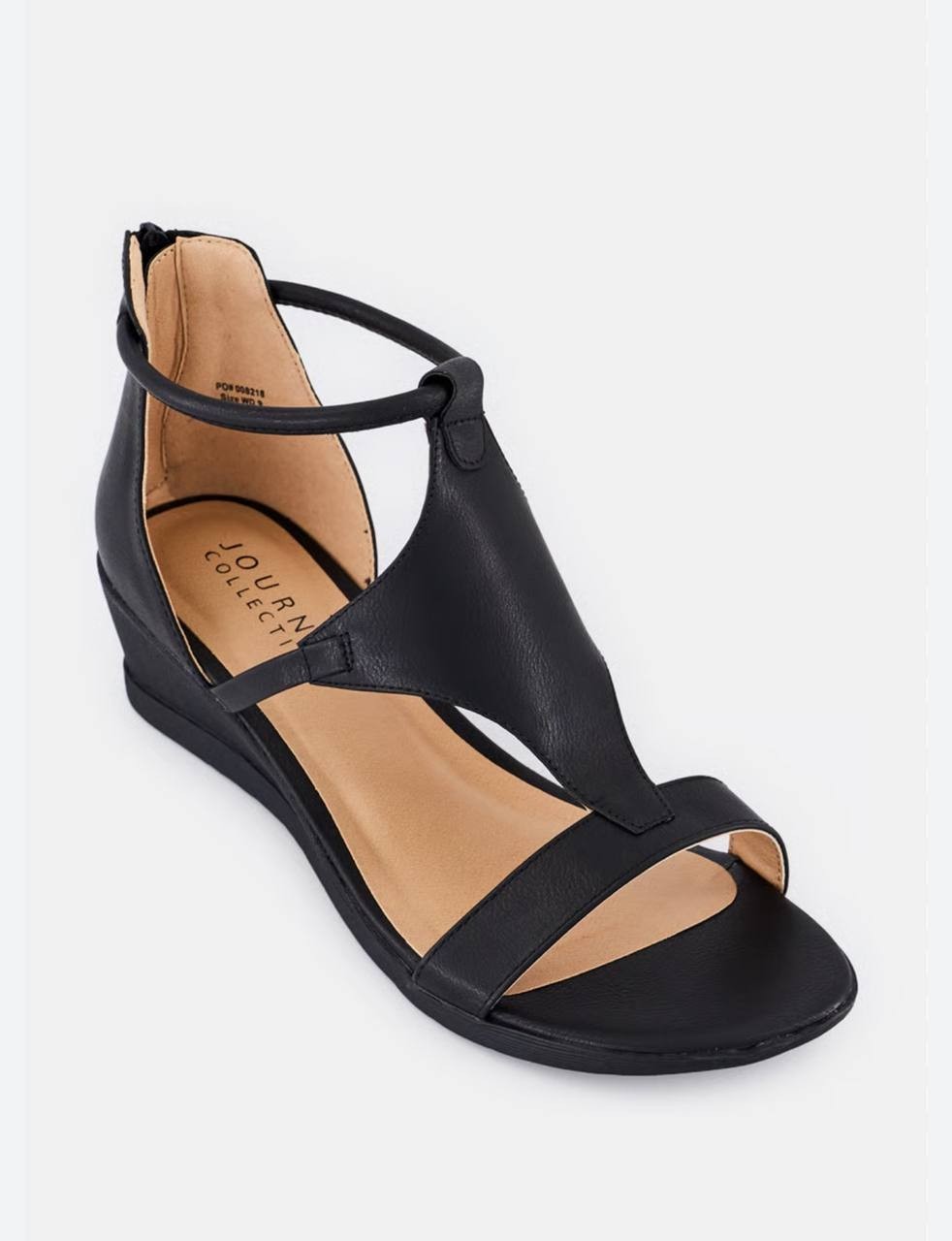 Journee Trayle Wide Wedge Sandals Black Faux Leather Zip Closure Womens 8.5