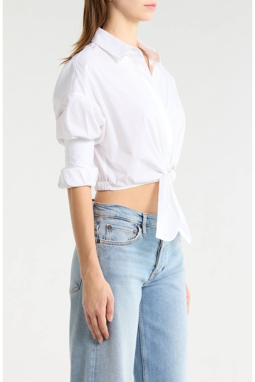 STAUD Lisa Crop Button‑Up Tie Waist Top White L NWOT $275