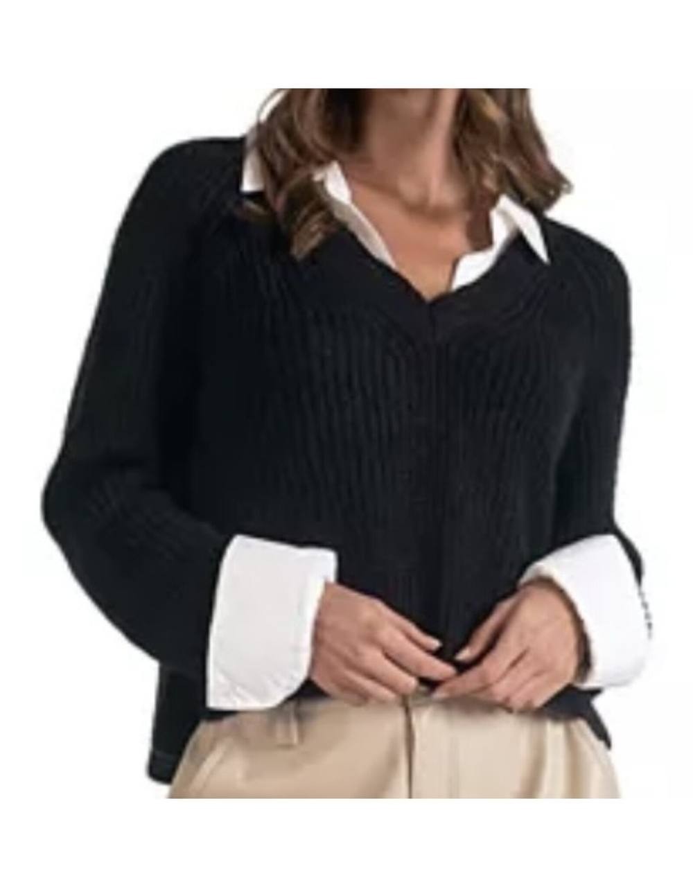 Elan Layered Look Sweater - Gray/Black XS, V-Neck Raglan Sleeves Relaxed