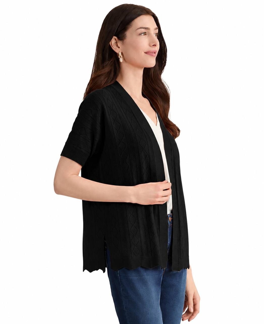 Jones New York Petite Open Stitch Short‑Sleeve Cardigan Black PM NWT $89.50