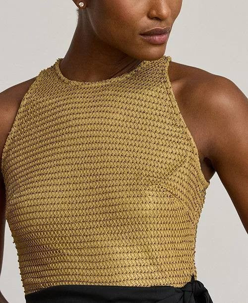 Lauren Ralph Lauren Beaded Mesh Jersey Tie-Front Gown Gold/Black 8 NWT $45