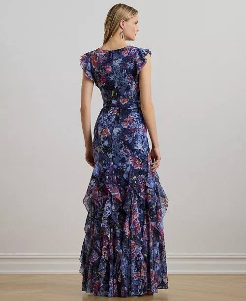 Lauren Ralph Lauren Print Ruffle Georgette Gown Blue Multi 2 NWT $325