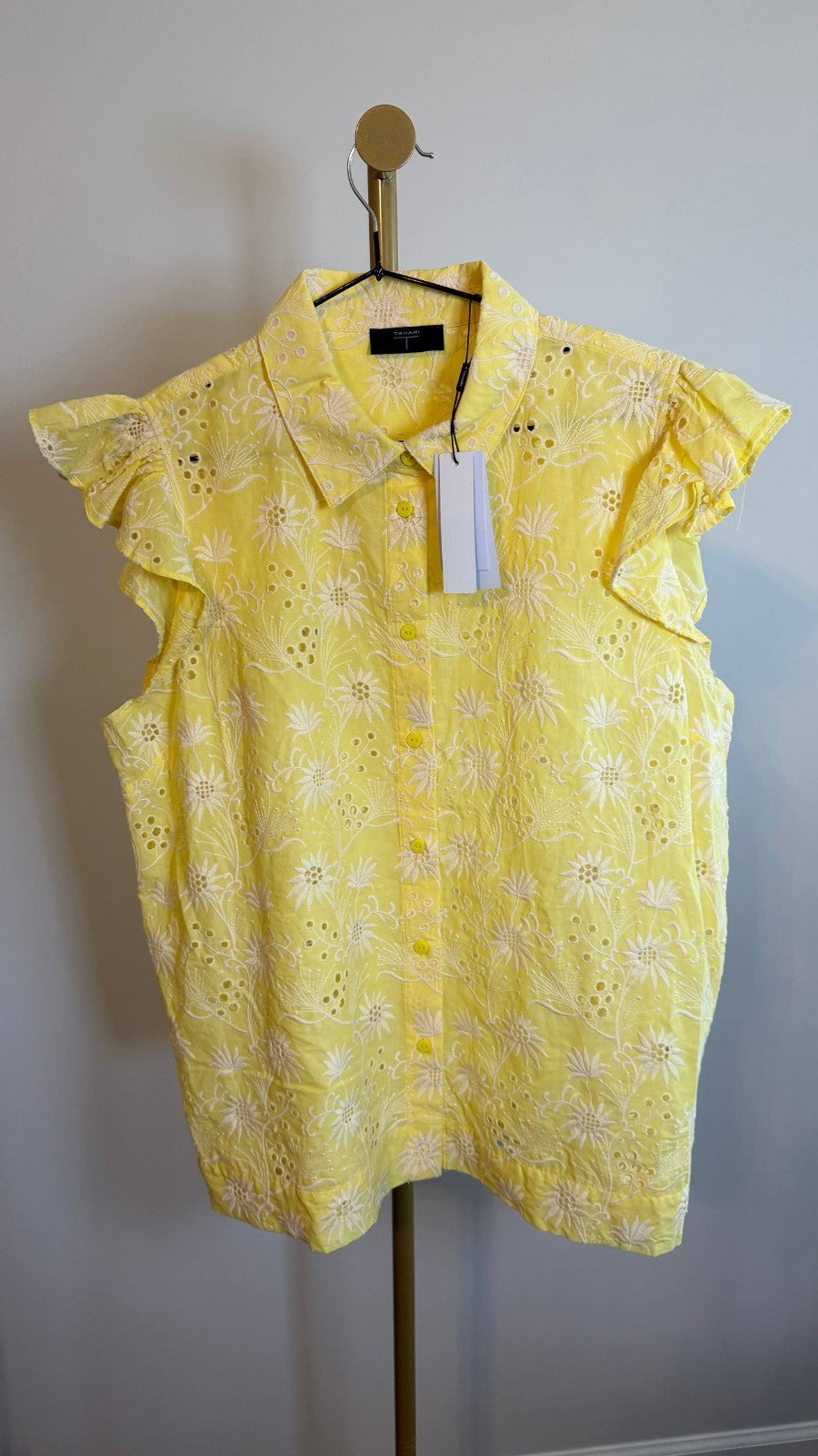 T Tahari Women’s Cotton Eyelet Flutter‑Sleeve Top Yellow $78 NWT