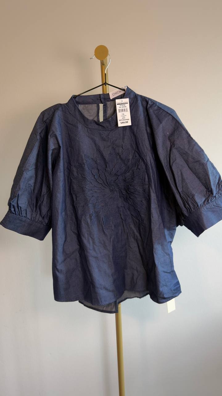 Chicways 3D Appliqué Puff‑Sleeve Denim Top XL Dark Denim NWT $69.99