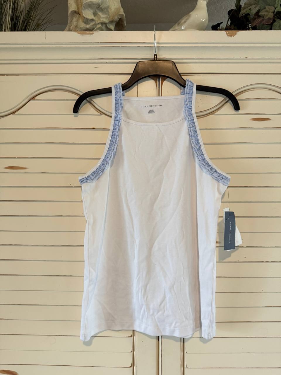 Tommy Hilfiger High-Neck Ruffle-Trim Cotton Tank Top White S NWT $65