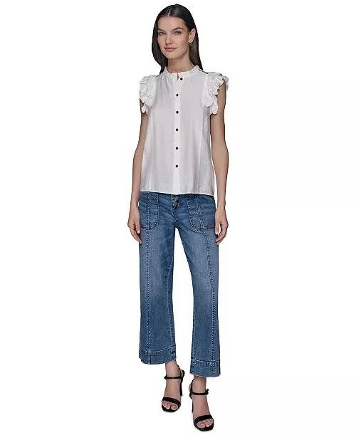 KARL LAGERFELD PARIS Ruffled-Sleeve Button-Front Blouse White Size L 2663