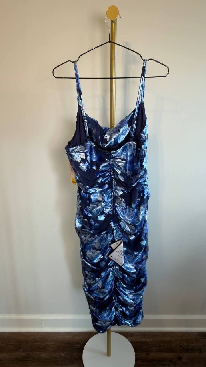 City Studios Plus Cowl‑Neck Foiled Floral Ruched Dress Navy/Royal 2XP NWT $79