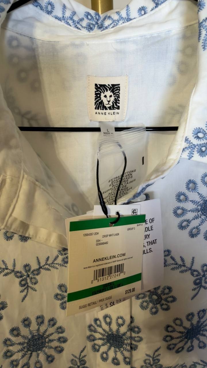 Anne Klein Scalloped Eyelet 3/4‑Sleeve Button Blouse White Multi L NWT $129