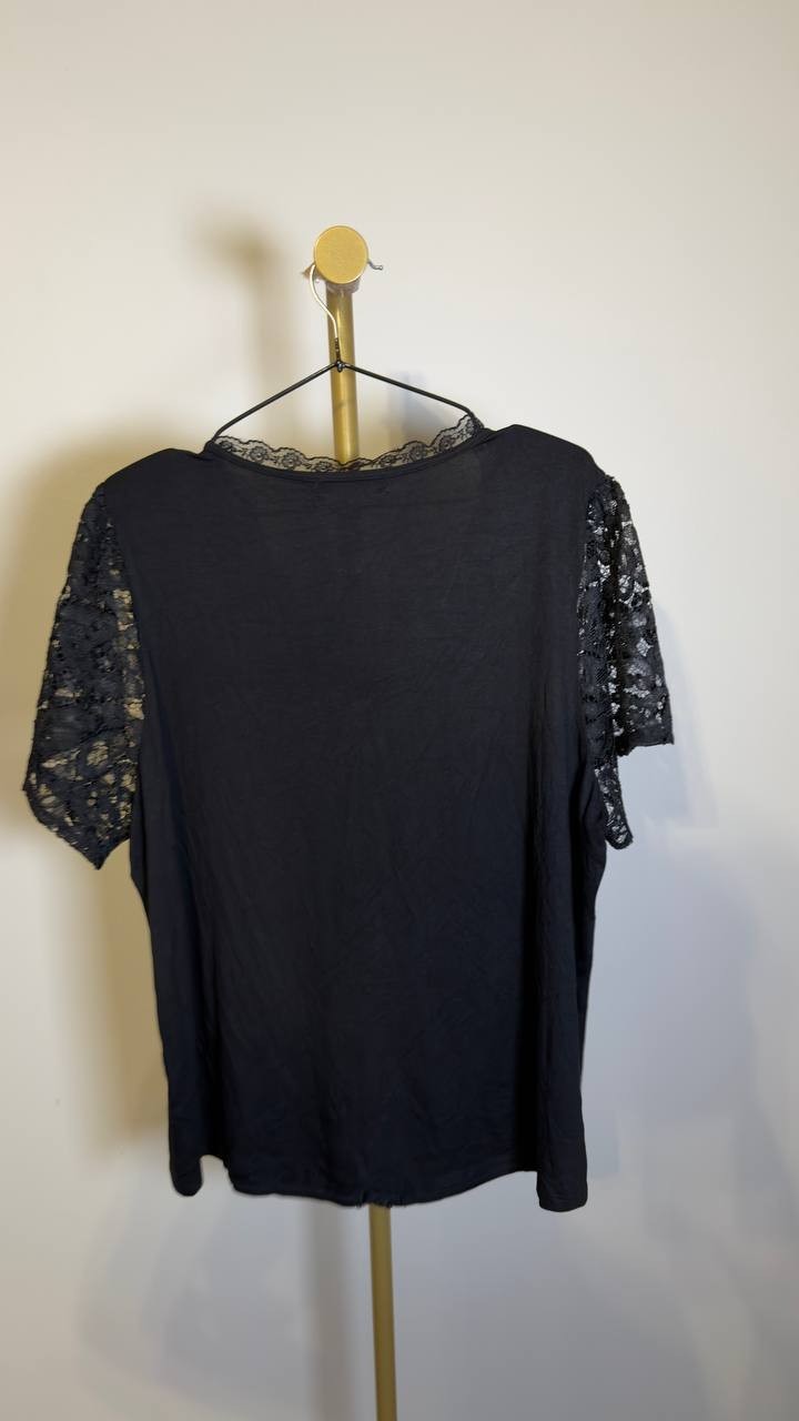 Belldini Plus Size Crochet Lace Sleeve V‑Neck Top Black 1X NWT $59