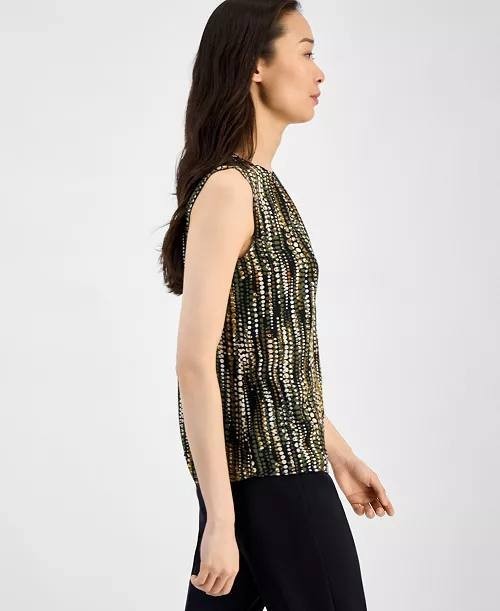 Anne Klein Round Neck Sleeveless Top Olive Palm Multi S NWT $79