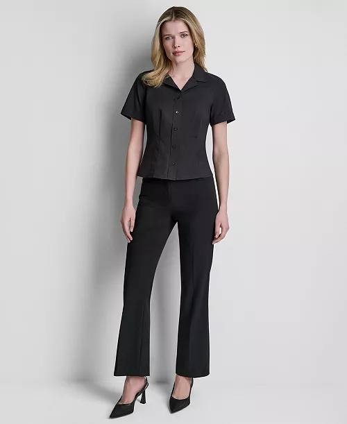 DKNY Short‑Sleeve Collared Button‑Front Blouse Black L NWT $99