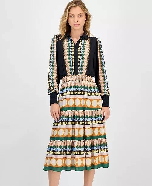 Tahari Dress  Multicolor Smocked Waist Printed Midi Half-Placket Size L NWT $148