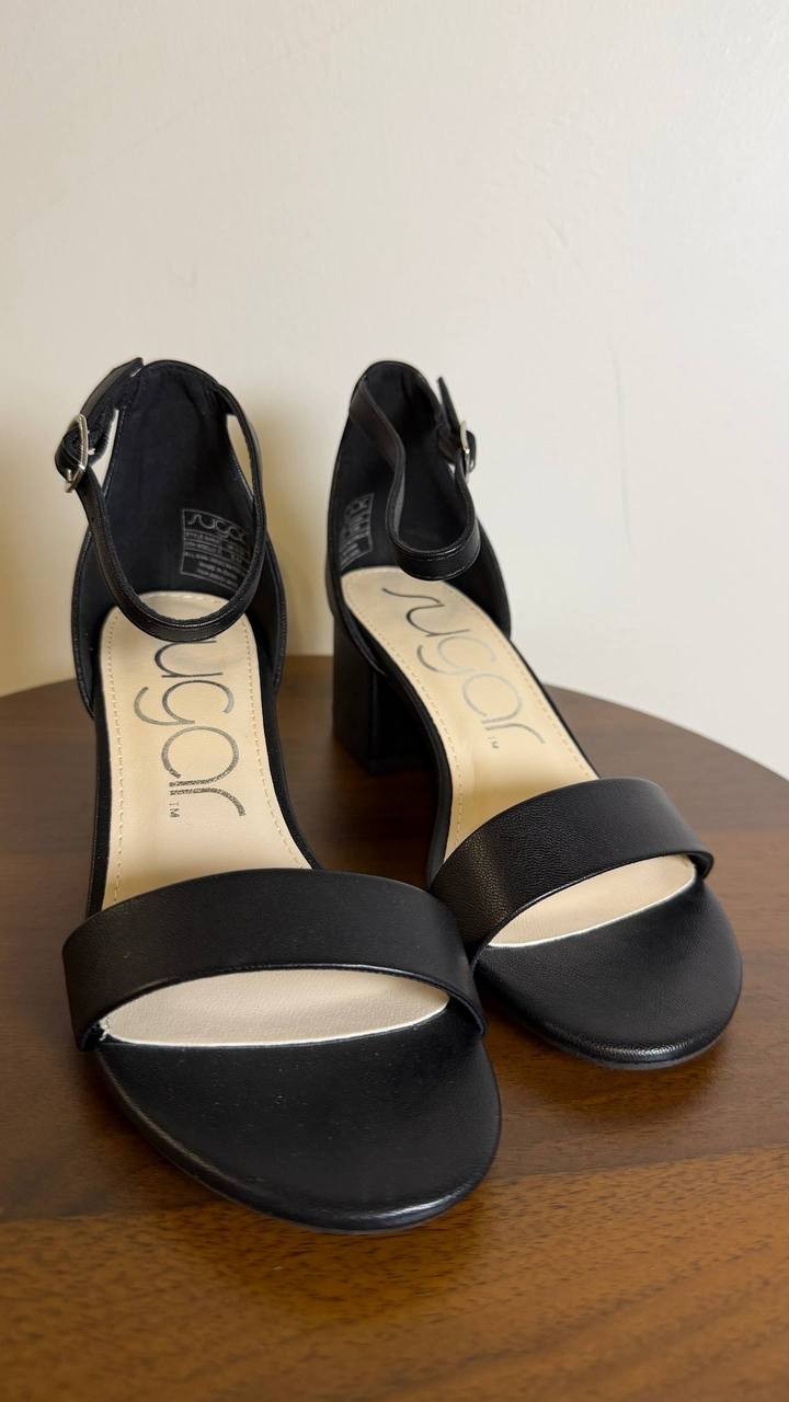 Sugar Noelle 7 Sandals 5M Black Low Block Heel Buckle Strap Dressy NIB msrp$59