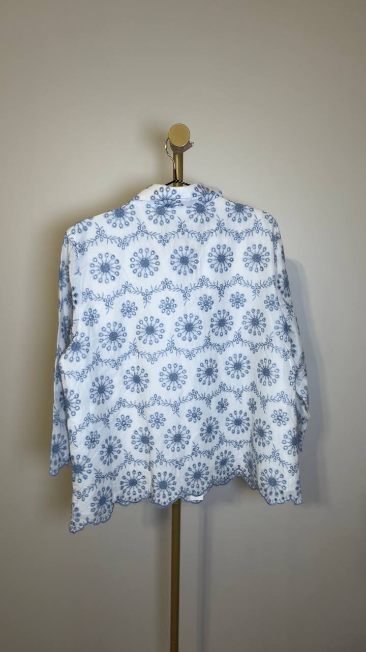 Anne Klein Scalloped Eyelet 3/4‑Sleeve Button Blouse White Multi L NWT $129
