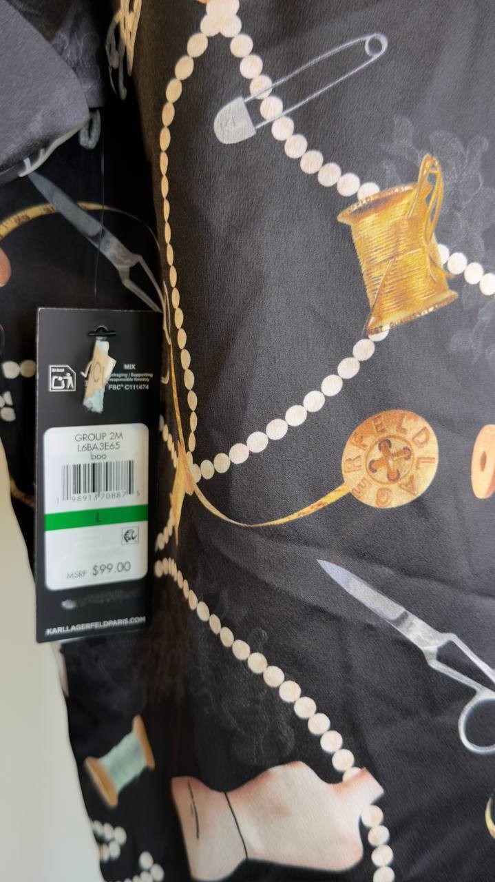 Karl Lagerfeld Paris Satin Print Camp Shirt Black L NWT $99