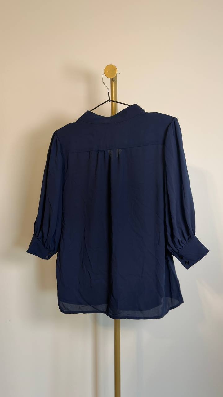 CeCe 3/4‑Sleeve Collared Split‑Neck Button‑Down Top Classic Navy M NWT $69
