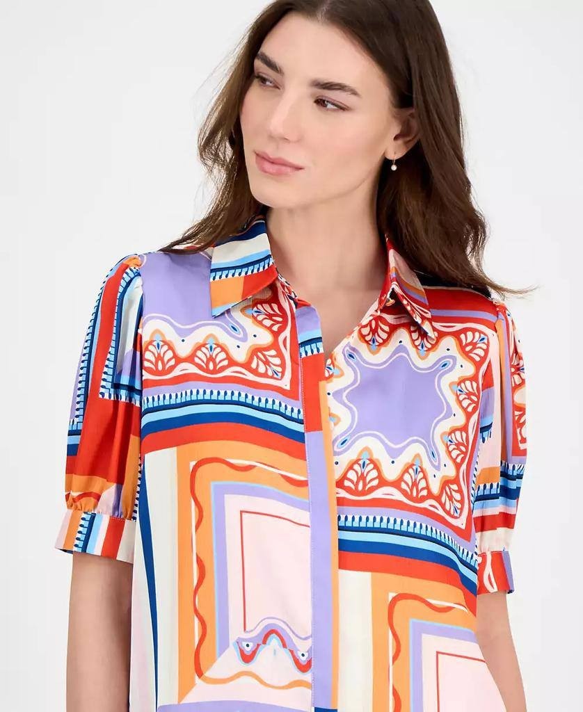 Tahari Women’s Printed Short-Sleeve Button Blouse Como Tile Print L $78 NWT