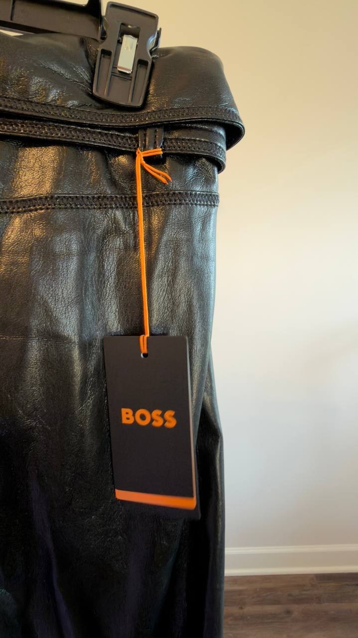 BOSS Faux Leather Straight-Leg Belted Pants Black 8 NWT $149
