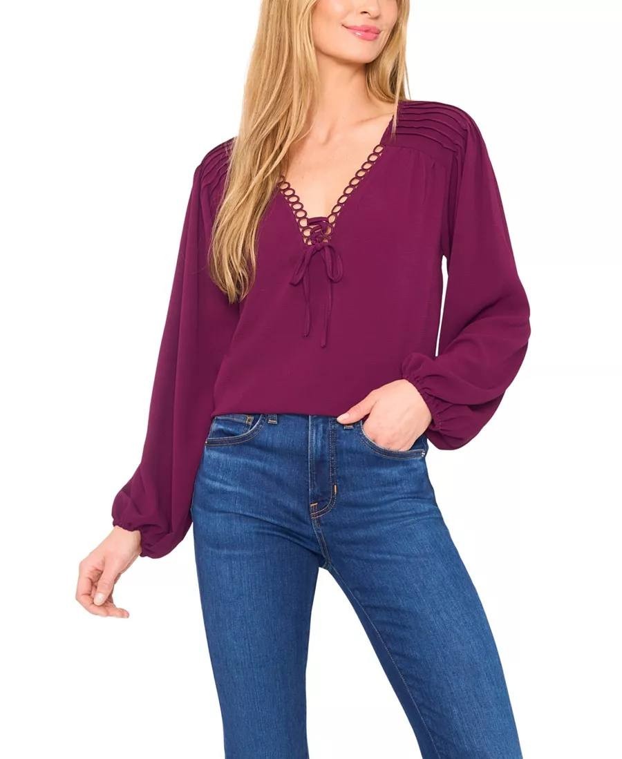 CeCe Circular Trim Pin‑Tuck Long‑Sleeve Top Pink Size XL NWT msrp$79