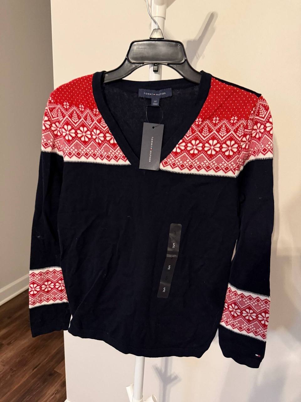Tommy Hilfiger Cotton V‑Neck Fair Isle Sweater –Black– Size S – NWT – $69.50
