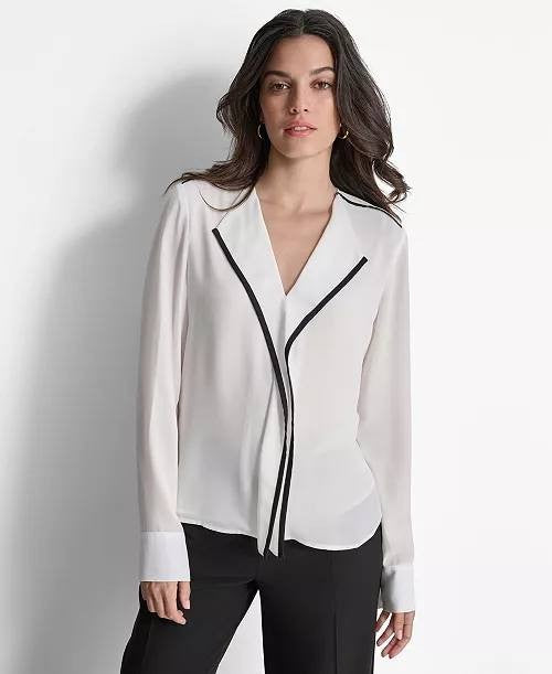 DKNY Long Sleeve Trimmed Lapel Blouse White Size PL NWT $69