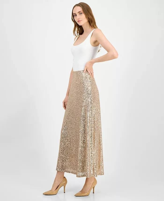 Anne Klein Sequin Flared Maxi Skirt Luxe Champagne L NWT $129