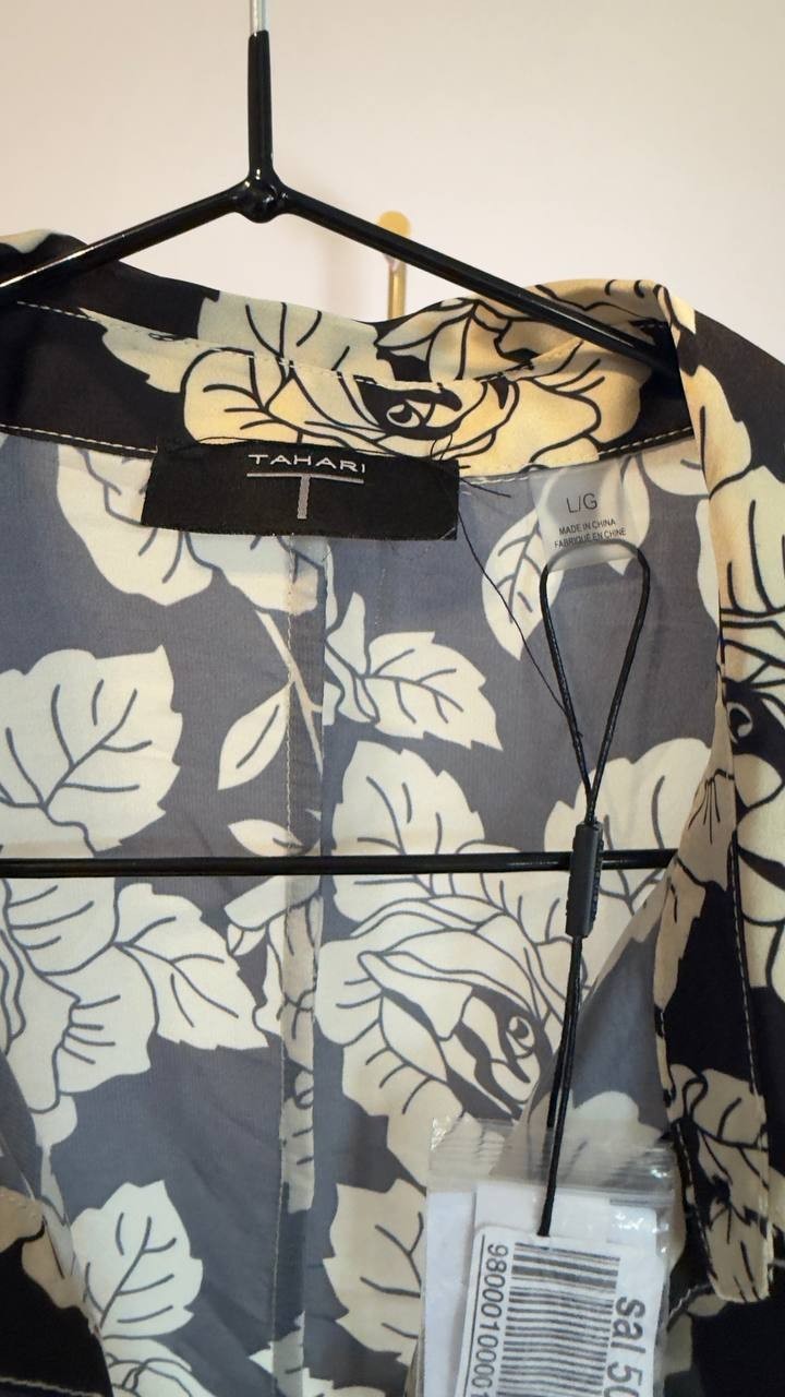 T Tahari Printed Dolman‑Sleeve Button Blouse Gold/Black L NWT $78
